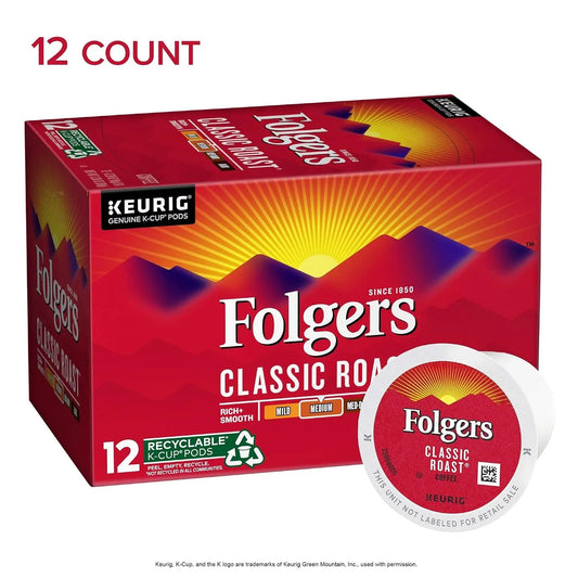 Folgers Classic Roast Medium Roast Coffee, 12 Keurig K-Cup Pods