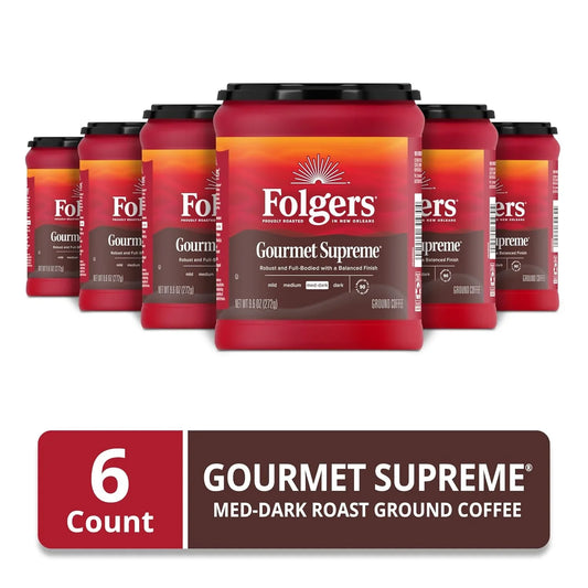 Folgers Gourmet Supreme Ground Coffee, Medium-Dark, 6 (9.6 Oz.) Canisters